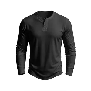 Close-up detail of black long sleeve henley shirt, V-neck with button placket texture.