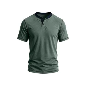 Close-up detail of mens green short sleeve Henley t shirt with contrast placket.