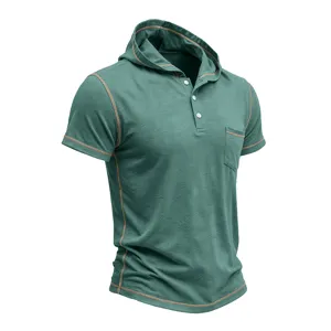 Men's vintage henley short sleeve hooded t-shirt detail, green casual top with contrast stitching.