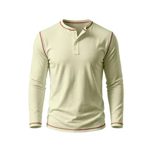 Men's casual long sleeve Henley t-shirt autumn cotton top with contrast stitching