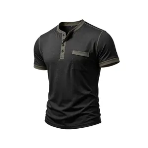 Men's contrast trim Henley short sleeve t-shirt with chest pocket and button placket.