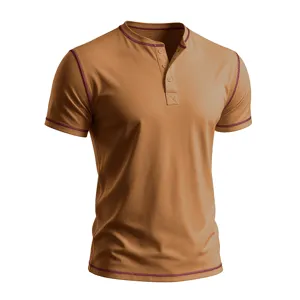 Men's short sleeve Henley shirt, casual slim fit cotton top with contrast stitching.