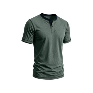 Men's short sleeve Henley t-shirt, heather green casual top with contrast color collar.