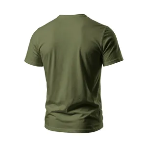 Army green men's casual solid short sleeve T-shirt back detail view breathable fabric.