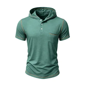 Men's green short sleeve hooded henley t-shirt with contrast stitching and chest pocket.