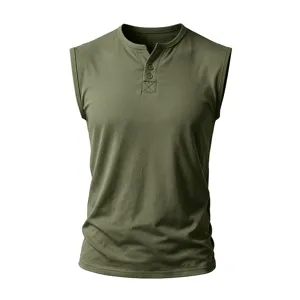 Canotta Henley smanicata tinta unita da uomo verde militare estate sport fitness palestra