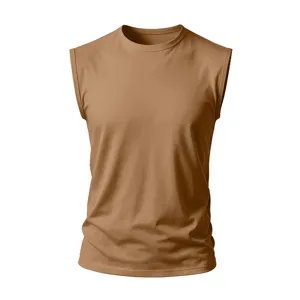 Men's solid brown crewneck sleeveless tank top detail, premium cotton casual summer wear.