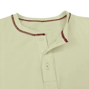 Detailed close-up view of men's casual cotton Henley t-shirt collar with contrast stitching.