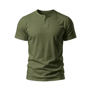 Green men short sleeve Henley shirt detail, casual button placket, soft breathable cotton fabric.