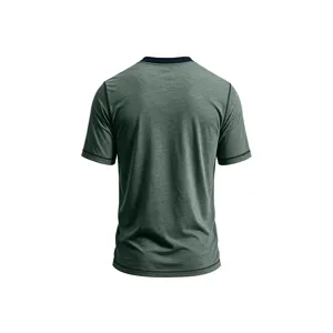 Men's green short sleeve t-shirt with contrast stitching, casual summer crewneck top apparel.