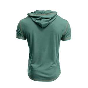 Back detail view of casual short sleeve hooded t-shirt with contrast stitching design.
