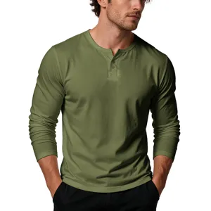 Detail shot of the olive green buttoned Henley shirt collar, long sleeves, and textured fabric.