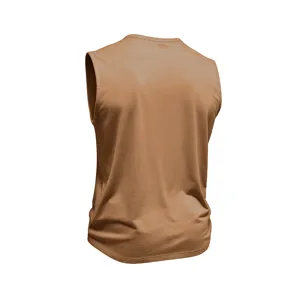 Back detail view of the solid camel men's pure cotton crew neck sleeveless tank top.