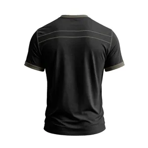 Men's casual short sleeve t-shirt back view detail, contrast color trim and stitching.