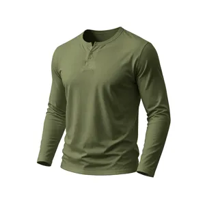 Men's solid color long sleeve henley shirt casual V-neck cotton base top autumn apparel