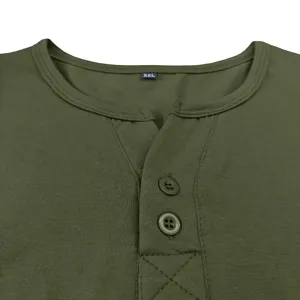 Close-up detail of mens army green henley shirt collar with buttons and XXL size tag.