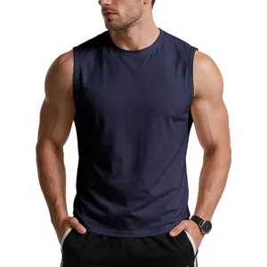 Detailed view of a mens dark blue solid sleeveless crew neck cotton tank top for summer wear.