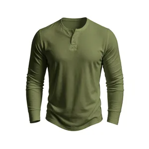 Men's solid color long-sleeve Henley t-shirt casual V-neck cotton basic undershirt.