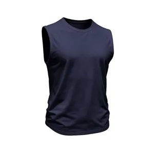 Men's solid navy blue sleeveless round neck cotton tank top casual summer vest basic.