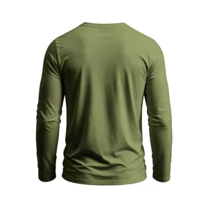 Men's solid army green long sleeve t-shirt back view, casual basic cotton undershirt.