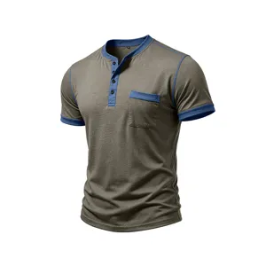 Men's short sleeve Henley t-shirt with contrast color pocket and trim, casual summer top.