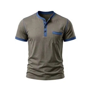Men contrast trim henley short sleeve t-shirt detail showing fabric texture and chest pocket.