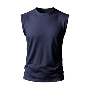 Detail view of the solid navy blue mens sleeveless crewneck tank top with wide shoulders.