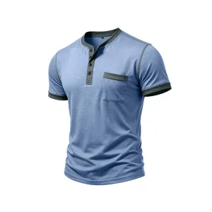 Men short sleeve henley t-shirt summer casual contrast trim tee with chest pocket top