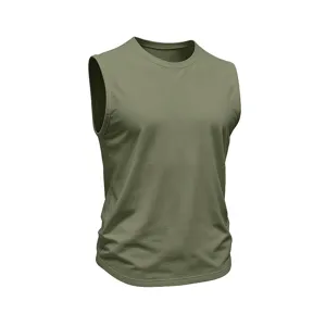 Detail view of the men's army green sleeveless crew neck cotton tank top fabric texture.
