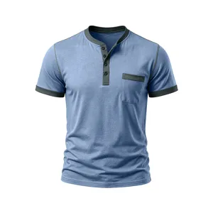 Men's short sleeve henley t-shirt with contrast trim pocket casual summer top apparel
