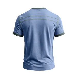 Men's casual short sleeve t-shirt back view, contrast color trim design, detail view.