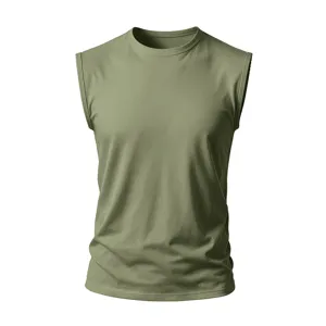 Men's solid color sleeveless crewneck tank top detail shot, breathable cotton fabric basic vest.