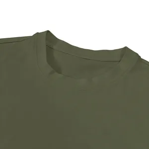 Army green pure cotton mens crew neck t-shirt collar detail close up display view.