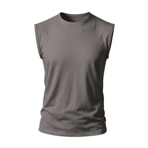 Men's solid color sleeveless cotton tank top, wide shoulder crew neck casual summer top.