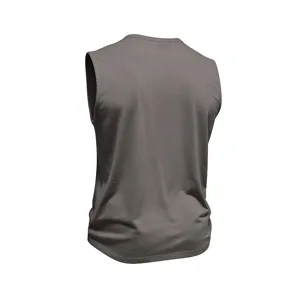 Back view detail of the plain grey sleeveless crew neck cotton tank top for men summer.