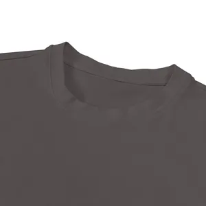 Detail shot of men's plain dark grey crewneck cotton t-shirt collar and neckline.