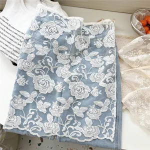 Women Floral Embroidered Shirt Extender Layering False Hem Denim Lace Patchwork Bottom Mini Skirt For Shark Pants Plus Size