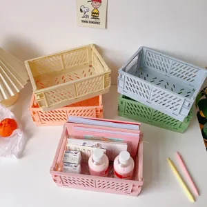 Panier de rangement pliante en plastique couleur macaron pour organisateur de bureau.