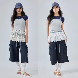 Details of Korean style lace mesh skirt layered outfit showing exquisite texture and design.