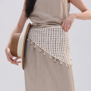Beige crochet triangular scarf waist chain retro pastoral style dress fringe accessory