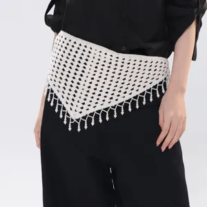 French crochet cotton triangular scarf and waist belt with elegant pearl tassel detail.