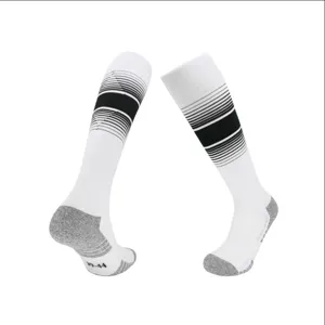 Professional soccer socks with gradient stripes and cushioned towel bottom for sports matches.