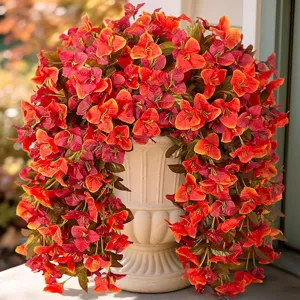 Artificial bougainvillea hanging plant in white pot, autumn colors fake flowers for indoor outdoor.