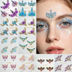 Gesichts-Strass-Aufkleber im Detail mit verschiedenen Einhorn- und Schmetterlings-Modellansichten.
