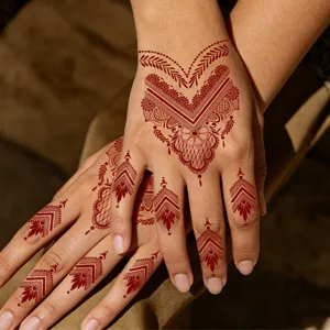 Brown red henna temporary tattoo sticker for hand back, waterproof exotic wedding detail.