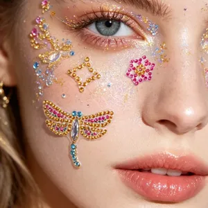 Close-up detail view of sparkling rhinestone face stickers for festival party makeup.