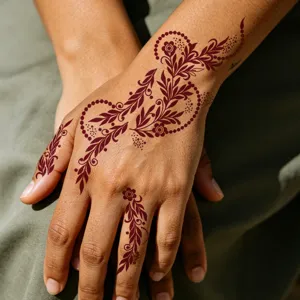 Close-up detail of brown-red henna temporary tattoo sticker on hand back and fingers.