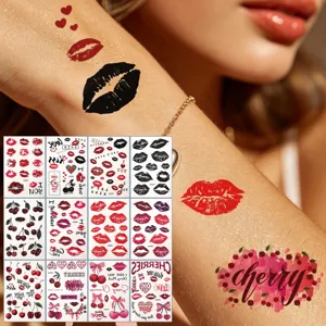 Waterproof temporary tattoo stickers featuring sexy red lips kiss design and sweet cherry patterns