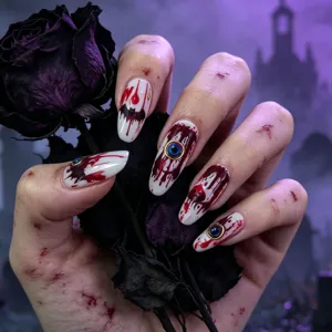 Halloween faux ongles style gothique sombre sang chauve-souris œil faux ongles long