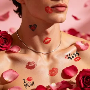 Close-up detail of waterproof temporary lip kiss tattoo stickers with cute hearts and romantic text.
